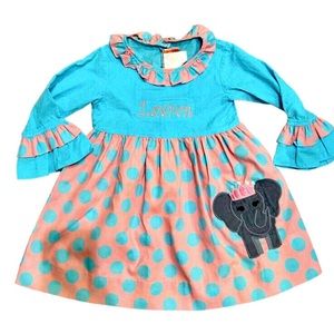 LAUREN Monogram SOUTHERN TOTS Blue Corduroy Dress Elephant Appliqué Size 4